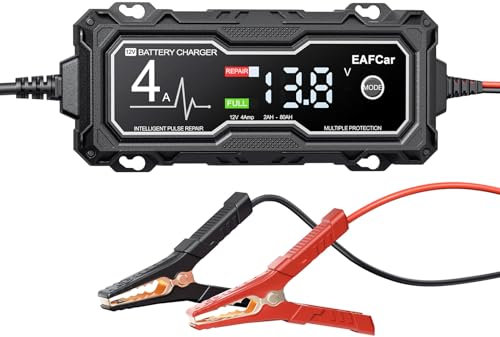 EAFCar Autobatterie Ladegerät, 4A 12V Smart vollautomatische KFZ Batterieladegerät mit LCD-Bildschirm, geeignet für Auto LKW Motorrad Rasenmäher Boot Marine Batterien