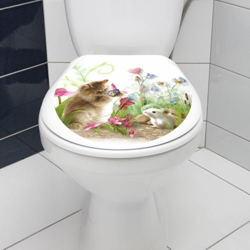 Autocollant de Toilette Étanche PVC Motif Animaux et Fleurs Salle de Bain Siège de Toilette Forme Ovale 35 x 40