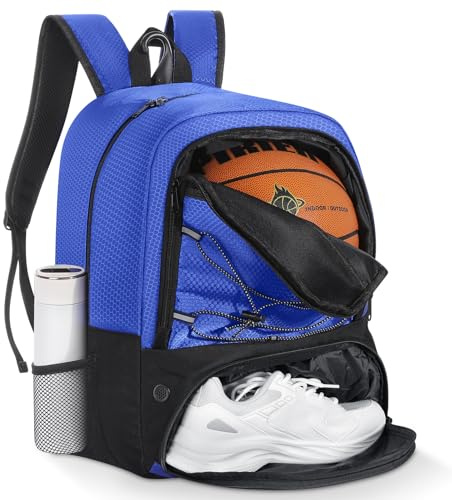 MoKo Sac à dos de sac de basket-ball, sac à dos de football pour hommes et femmes avec compartiments séparés pour le ballon et les chaussures, résistant à l’eau, crochet de clôture, sac de sport, Bleu