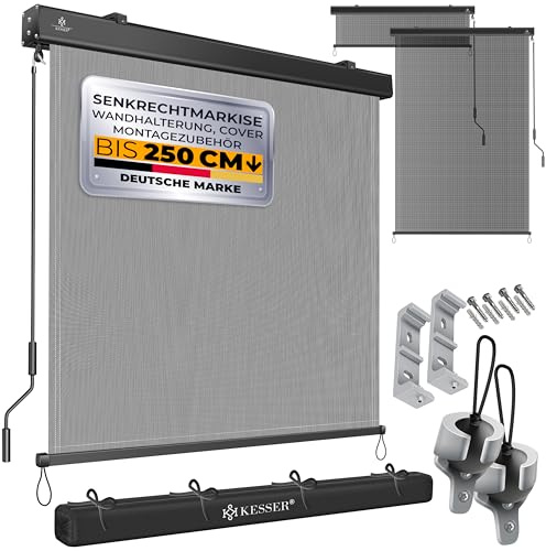 KESSER® Toldo vertical de 180 x 250 cm, con mecanismo de manivela, incluye kit de montaje y cubierta, protección solar con manivela para balcón y terraza