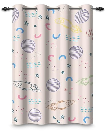 ggaimwf 117x175cm Cortina con Ojales de Dibujos Animados para Dormitorio Infantil Rosa Espacio Cohete Planeta Universo Cortinas Opacas con Ojales para la habitación de un niño,1 Panel Individual