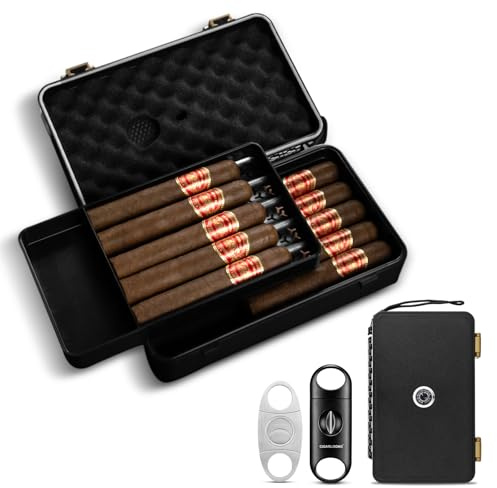 Tragbare zigarren humidor,humidor zigarren set mit Zigarrenschneider, Hygrometer und Befeuchter, Reise Zigarrenetui Röhre für 10 Zigarren, Portable Tragbarer Behälter Humidorhalter (Schwarz)