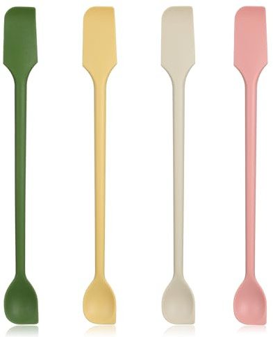 Classicseali 4pcs Small Spatula,Double-Headed Mini Silicone Spatula Spoon | 10.2In Long Handle Skinny Silicones Jar Spatulas for Scraping and Scooping Mixing, Yellow, Green, Pink, White