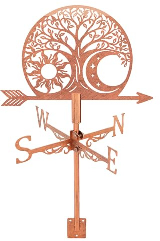SUPERDANT Árbol de la vida veleta con sol y luna indicador de dirección de viento de cobre de metal para granja, techo cobertizo, jardín, lawn, techo, decoración de paddock