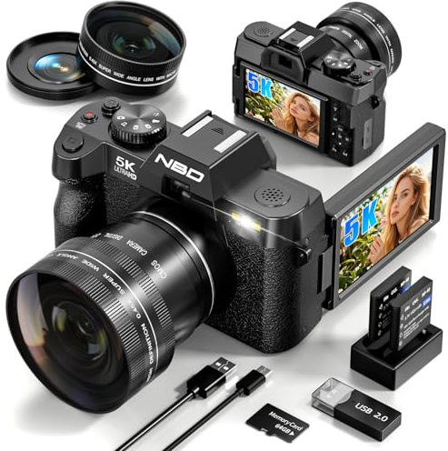 5K Digital Cameras for Photography 64MP - 16X Zoom, WiFi, with 64GB TF Card, Macro Lens & Wide-Angle, Autofocus & Anti-Shake, Vlogging Camera for YouTube Travel (Black)