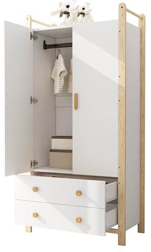 KecDuey Armario De 2 Puertas, 90 × 45 × 180 Cm, Con Barra Para Colgar Y 2 Cajones, Adecuado Para Dormitorio, Salón, Pasillo, De Madera Aglomerada, Cuerpo Blanco Y Marco De Pino (Blanco)