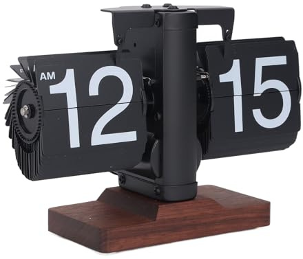 SIXRUN Hochwertige Einseitige Flip-Uhr mit Sockel aus Walnussholz, Automatische Umblätter-Retro-Uhr für Büro- und Heimdekoration (Schwarze Rahmenseiten, weiße Buchstaben)