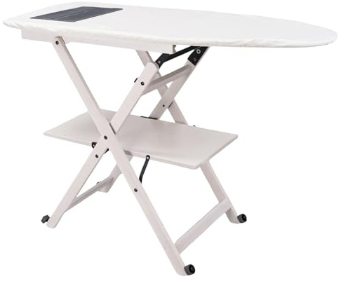 Tabla de planchar de madera de haya plegable con ruedas y estante para la ropa - Modelo Revi Made in Italy (blanco)