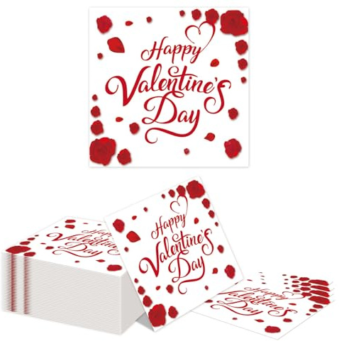 Kotkiddy 40Pack Valentinstag Zwei Lagen Servietten Romantisch Rot Design Perfekt für Galentine und Valentins Feiern Einweg Papierservietten für Jubiläum Valentinsfest Zubehör