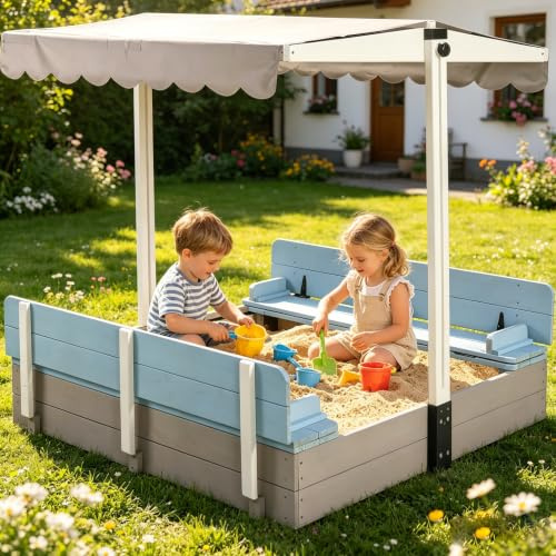 Aivituvin Kinder Sandkasten mit Abdeckung, 120x120x132cm Holz Deckel sandkiste mit aufziehbarer Dach, faltbaren Sitzbänken für draußen (Blau)