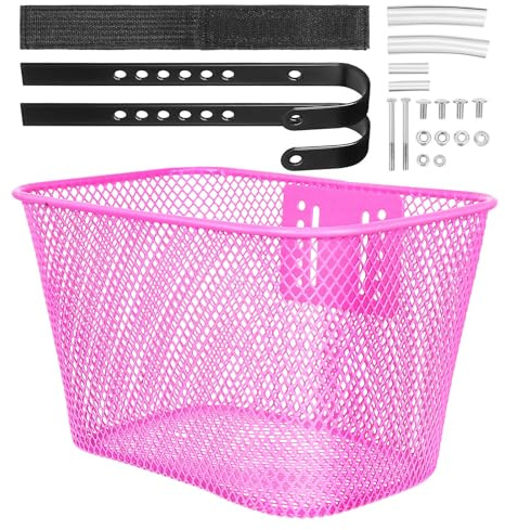 Veemoon Cesta Delantera para Bicicleta de Adulto y Niña con Malla Metálica Cuadrada, Color Rosa, Incluye Correa de Fijación, Cesta para Manillar Adecuado para Ciclismo, Compras y Paseos