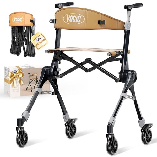 VOCIC Z35 PackGo Rollator Faltbar und leicht mit Sitz,bis zur Rucksackgröße | 5,7kg, Rollator leicht klappbarfür Senioren & Reisen, Rollatoren Walker bis 136kg,5 Jahre Support,Schwarz(inklusive Rucksack)