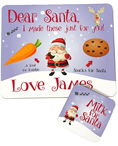 Personalised Christmas Santa Snack Placemat & Coaster Set – Custom Name Wooden Glossy Table Mat for Kids, Christmas Eve Treat Plate