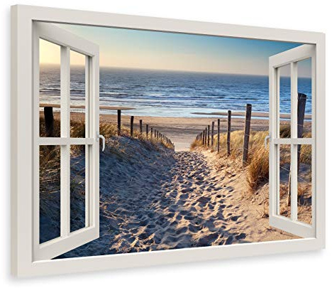 PICSonPAPER Leinwandbild Fensterblick zum Nordsee-Strand, 70 cm x 50 cm, Dekoration, Kunstdruck, Wandbild, Geschenk, Leinwand Natur