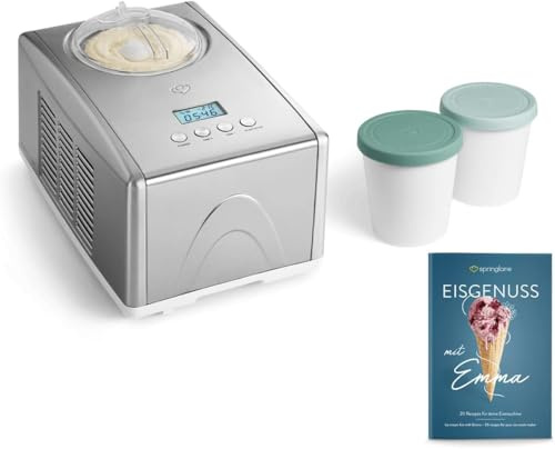 SPRINGLANE Gelatiera Emma 1,5 L con compressore autoraffreddante 150 W, in acciaio inossidabile con contenitore per il ghiaccio rimovibile (Argento - 2 contenitore menta, 1.5 L)