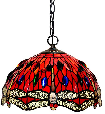 HT Tiffany Style Hanging Pendant Lamp 12Inch Wide Bead Dragonfly Design Stained Glass Lampshade 1-Light Iron Chain Traditional Handmade Ceiling Pendant Decor for Kitchen Bedroom Living Room Terrace