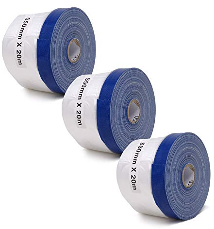 gws 3 Rollen Abdeckfolie für Maler- und Gipsarbeiten, Malerfolie mit Klebeband, Maskerband mit starker Haftung & einfach entfernbar; 3 Rollen, 550mm x 20m
