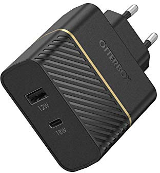 OtterBox Dual Port EU Ladegerät 30W, USB-C PD 18W + USB-A 12W, Schnelllade Gerät für Smartphone und Tablets, Sturzgeschützt und Robust, Schwarz