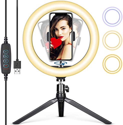 Ventdest Anillo de Luz LED, 10.2 Aro de Luz con Trípode para Móvil, 3 Colores y 10 Brillos Regulables, Soporte de Móvil, para TIK Tok, Selfie, Maquillaje, Streaming, Youtube