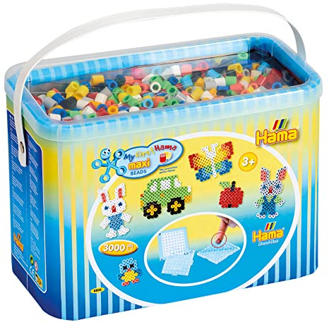 Hama Perlen 8805 Bügelperlen im Eimer mit ca. 3.000 bunten Maxi Bastelperlen mit Durchmesser 10 mm im Grundfarben Mix, 3 Stiftplatten, inkl. Bügelpapier, kreativer Bastelspaß für Groß und Klein