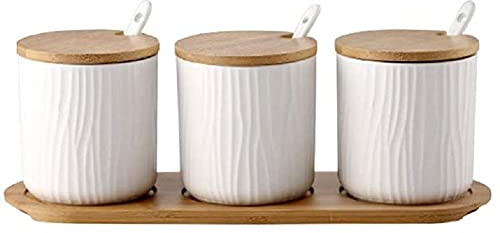 MAGICVOGEL Keramik Gewürzbehälter mit Deckel und Löffel Gewürzdosenset mit Tablett 3er Set Zuckerdose Salzdose Vorratsbehälter für Küche Café Restaurant (Weiß)