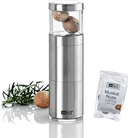 AdHoc Muskatmühle MUSKATINO | Geschenk-Set bestehend aus 1x Muskatreibe & 3x edle Muskatnuss | Edelstahl gebürstet, Acryl