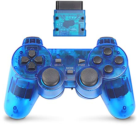 Wireless Controller for PS2 Dual Shock, Gamepad Remote Compatible with Playstation 2 (Clear Blue)