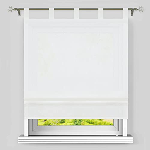 Heichkell Raffrollo mit Schlaufen Halbtransparent Raffgardine Wohnzimmer Einfarbige Fensterstores Leinen Faltenrollo Weiß BxH 140x140 cm