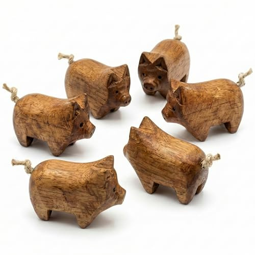 ART-CRAFT 6× Glücksschwein aus Holz handgeschnitzt – Miniatur Glücksbringer & symbolische Dekofigur – Kleines Geschenk mit Bedeutung – Unikat-Set