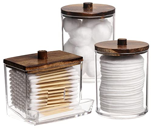 Tbestmax Qtips Holder Bathroom Container, 10/7 OZ Cotton Ball/Swabs Dispenser, Apothecary Jar Organizer for Storage Brown Wood Lids