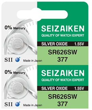 377 SR626SW 1.55V 0% Hg Silver Oxide Watch Battery (2 Batteries) Made in Japan by Seiko