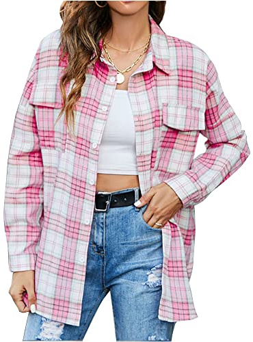 Chickwin Women's Long Sleeve Shirts Flannel Checked Button up Plaid Blouse Casual Oversize Loose Boyfriend Lumberjack Shirt Jacket Lapel Tops with Pockets