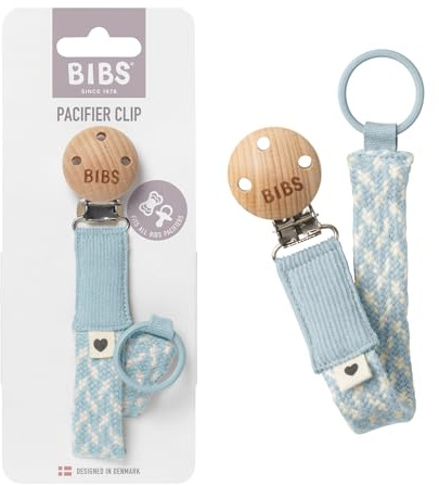 BIBS Pacifier Clip. Catenella per succhietto. Cotone 100% biologico. Disegnato in Danimarca. Cotone 100% biologico, Misura unica, Baby Blue/Ivory