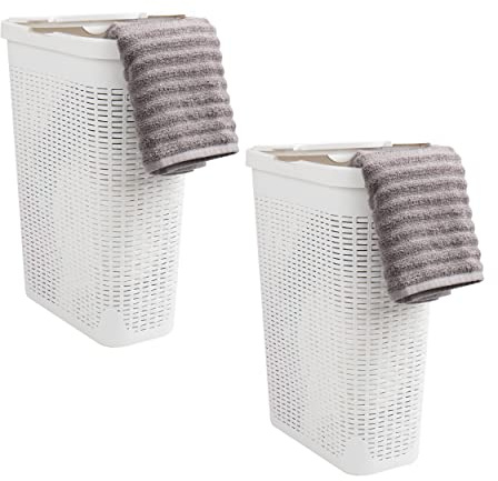 Mind Reader Schmaler Wäschekorb, 40 l, Wäschekorb, Deckel, Weiden-Design, Kunststoff, 45,7 cm L x 26,7 cm B x 59,9 cm H, 2 Stück, Weiß