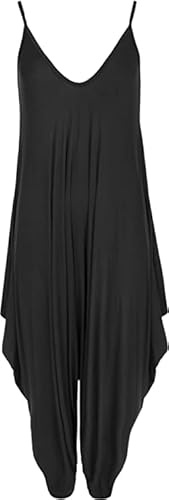 SHADOW DANCE UK Women's Lagenlook Strappy Baggy Harem Jumpsuit Dress Top Playsuit - Spaghetti Strap Jumpsuit V Neckline Comfy Loose Harem All One Beach Jumpsuits (Black_16-18)