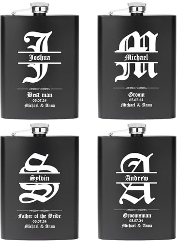 Flasques a Alcool Personnalisées 227ml 304 en Acier Inoxydable, Lot de 4 Flasques Gravées Personnalisées pour Garçons D'Honneuret Témoin D'Honneur, Cadeau de demande en Mariage (Noir)