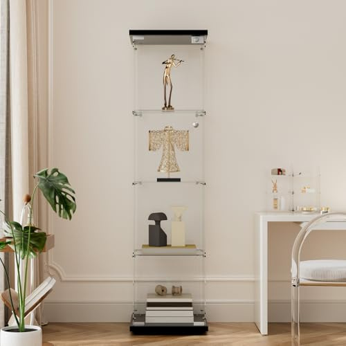Beauty4U 4-Shelf Single Door Glass Display Cabinet, 163cm Tall, Black