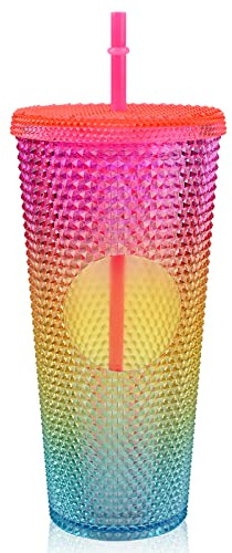 Jodsen 710ml Gobelet Clouté avec Couvercle et Paille Tasse à Café Glacé à Double Paroi Réutilisable Sans BPA Grande Tasse à Smoothie Tasse de Voyage pour Enfants Adolescents Adultes (Style H)