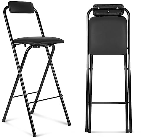 Thyle 1 Pcs Folding Bar Stool with Backrest, Tall Foldable Stool Chair Portable High Folding Bar Chair Counter Height Seat Leather Padded for Kitchen Island Shop Cafe Dining Room Black (27.5 Inch)