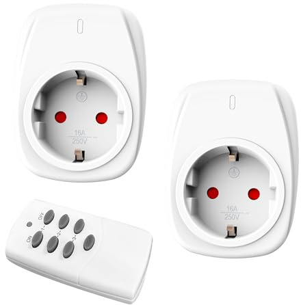 HBN 2 prese radio con 1 telecomando, 16 A/3,680 W, set di connettori telecomandati per interni, decorazione natalizia, elettrodomestici, portata 30 m, colore bianco