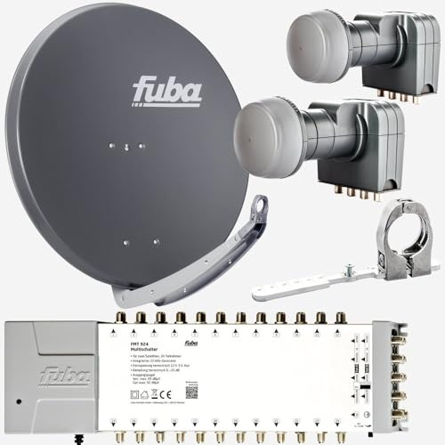 Fuba Sat Anlage 24 Teilnehmer - 2 Satelliten (z.B. Astra/Hotbird) | Satellitenschüssel Komplettset - DAA 850 A Sat-Schüssel 85cm Alu anthrazit + 2X LNB + Multifeed + Multischalter 24 Teilnehmer