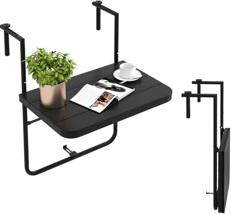 KOMFOTTEU Tavolo da balcone pieghevole e resistente alle intemperie, regolabile in altezza in 3 livelli, tavolo da giardino pieghevole fino a 30 kg, piccolo per esterni e interni (nero)