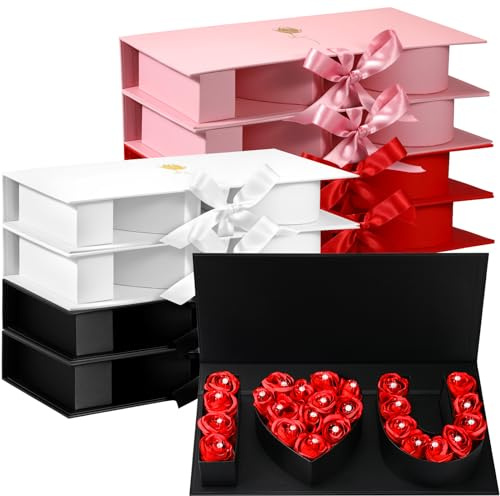 Ireer 8 Pcs Valentines Day Empty I Love You Flower Box Bulk Large I Heart U Letter Gift Box with Ribbon for Holiday Mother Wedding Bridal Rose Chocolate Packaging(Red White Pink Black)