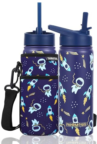 FAHRMOSIS 18 OZ Kids Water Bottle with Carrier Bag & Strap Leak Proof Metal Insulated Stainless Steel Tumbler with 2 Lids (Flip & Spout) for School & Sports Water Bottle with Straw - Black (Space)
