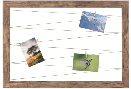 CLAMARO 'Neo Collage Line' Fotohalter 90x70 cm | Eiche Dunkelbraun | Querformat Bilderrahmen mit Fotoleine aus Juteband und Holzklammern | Ideal als Fotocollage Galerie, Fotowand oder Fotorahmen