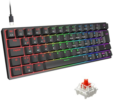 Snpurdiri 60% kabelgebundene mechanische Gaming-Tastatur, 62 Anti-Ghosting-Tasten, Blaue LED-Hintergrundbeleuchtung, ultrakompakte Zwei Stände (Rot Schalter/62 schwarz)