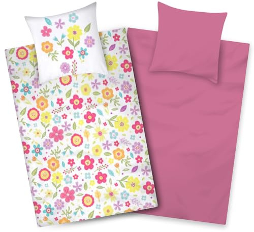 Aminata kids sängkläder 135 x 200 flickor blommor bomull vändbart sängkläder blommor blomma äng YKK-dragkedja vit rosa presenter