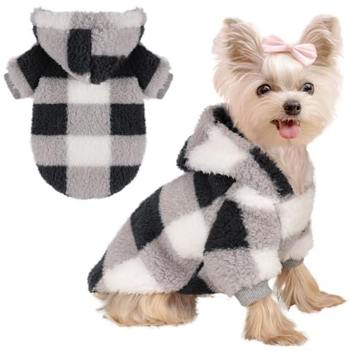 Fleece Dog Hoodie Clothes Pet Sweaters for Small Dogs, Winter Cute Warm Puppy Chihuahua Sweater, Pet Clothes for Chihuahua Yorkie Teacup, Cat Apparel (Plaid Black, XX-Small)