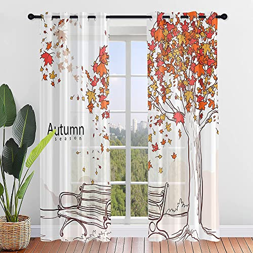 Highdi 3D Voile Vorhänge mit Ösen 2er Set, Transparente Gardinen für Wohnzimmer Ösenschal Halbtransparent Ösenvorhang für Moderne Schlafzimmer (W140 x H160 cm,Herbst)