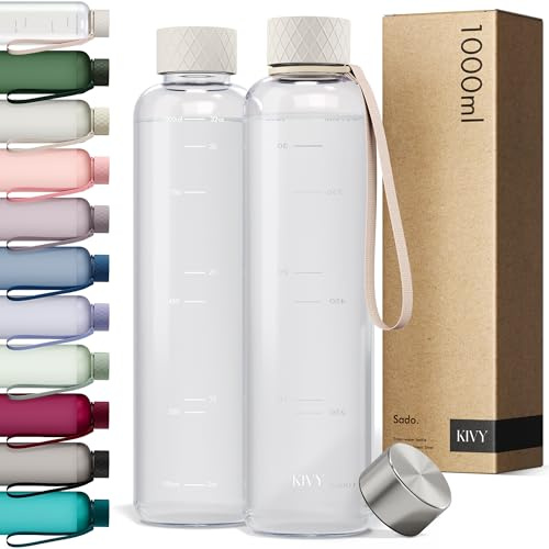 KIVY Slim Water Bottle 32oz [Lightweight & Shatterproof Tritan] Fits Backpack & Cupholder for Travel, Sports, School, Gym - Clear water bottle with measurements - Transparent Beige - Dishwasher Safe